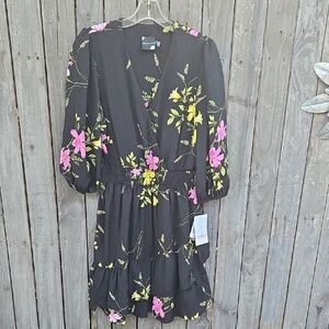 Maison Tara Floral Black Dress with Pink and Yellow Accents Size 10